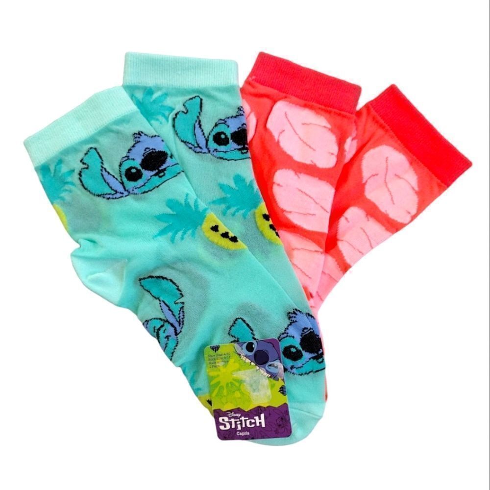 Disney Neon Stitch Prints 2 Pairs Nylon Mid Crew Capri Socks NWT